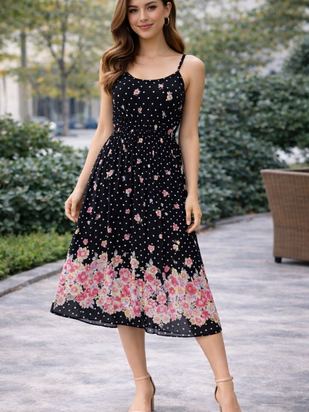 Elle Black Spotted Sundress with Pink Floral Hem